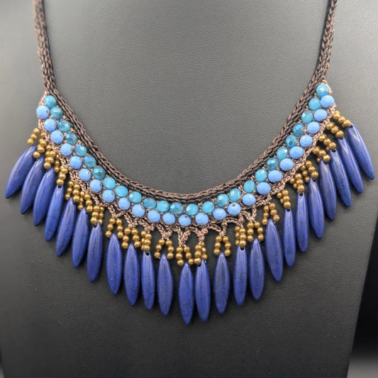 Blue Cascade Braided Thread Necklace with Blue Beaded Fringe