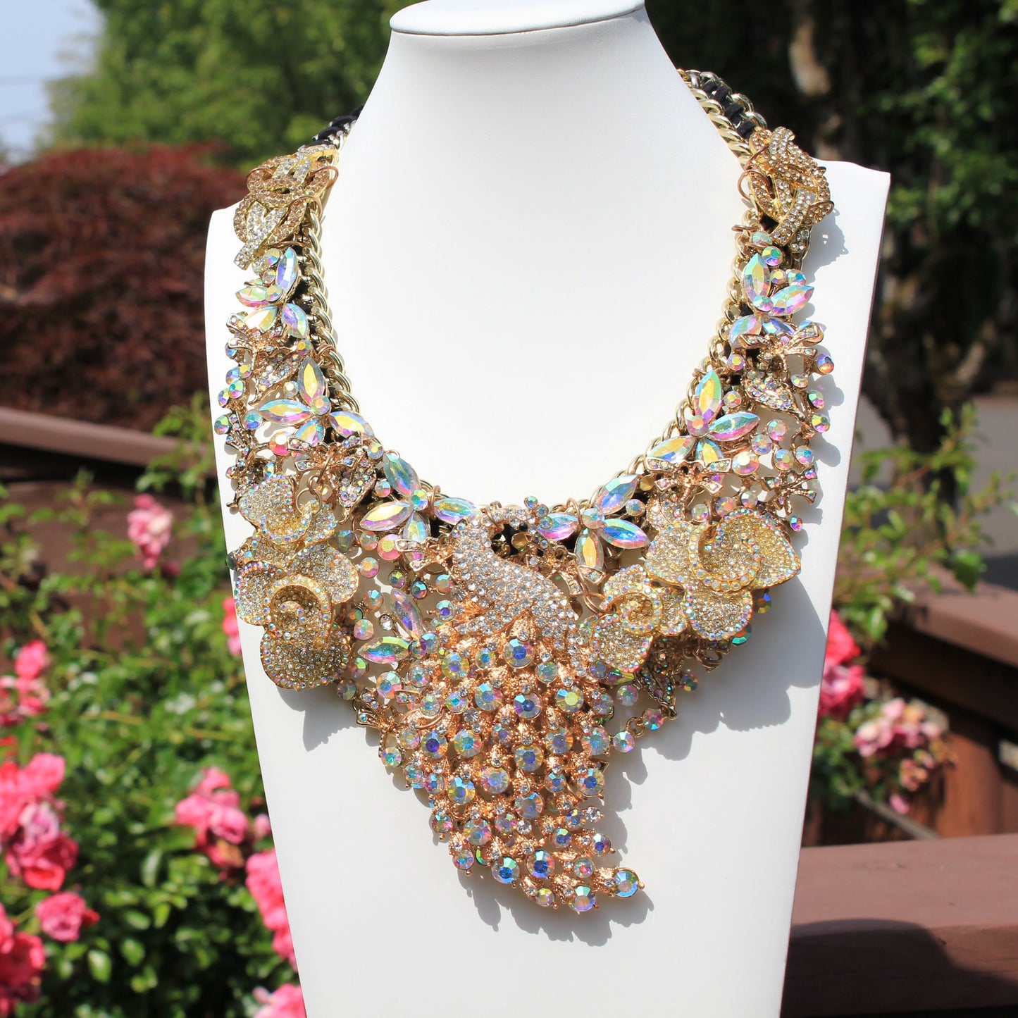 Shimmer Strut: Big Ass Sparkle Rhinestone Peacock Breastshield Statement Necklace