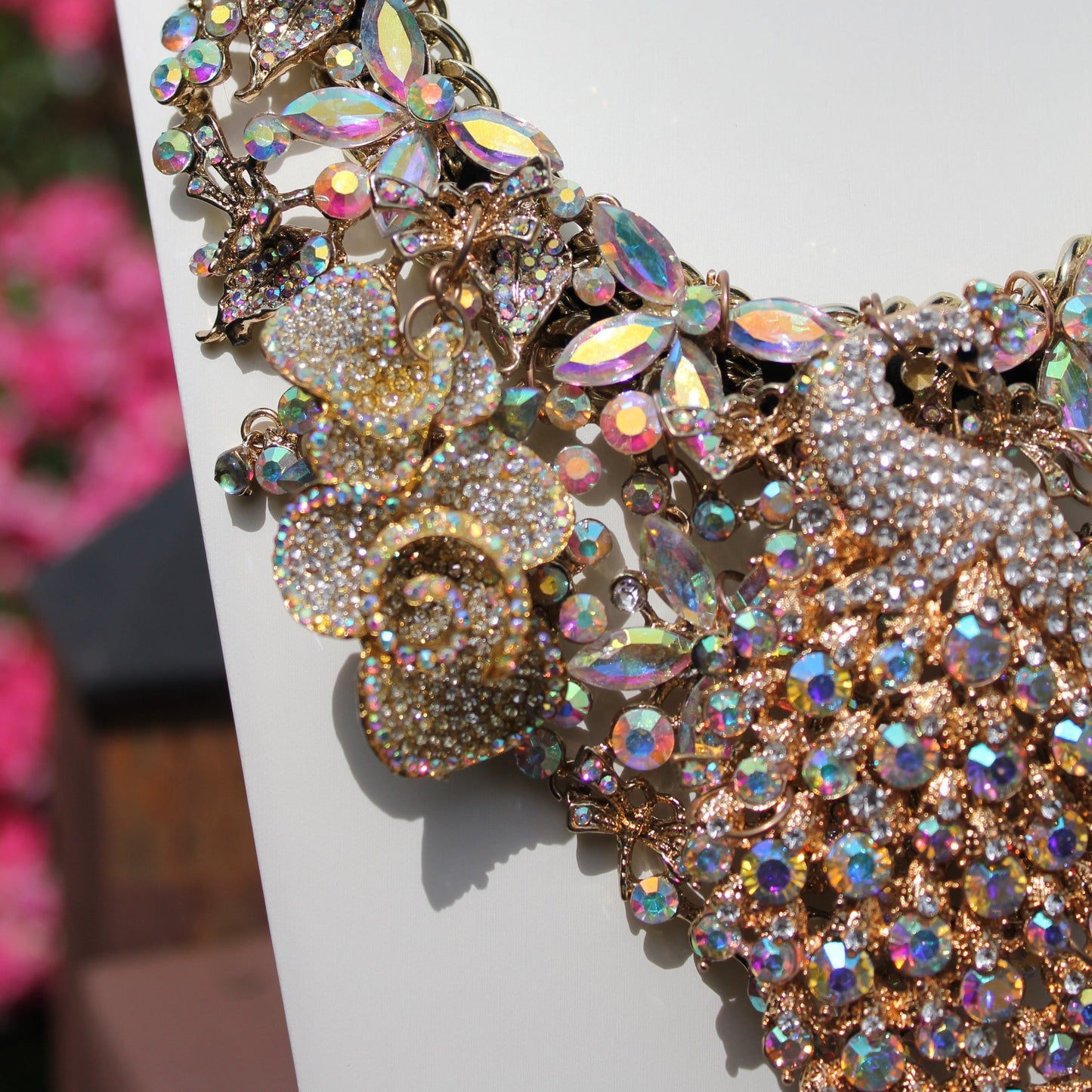 Shimmer Strut: Big Ass Sparkle Rhinestone Peacock Breastshield Statement Necklace
