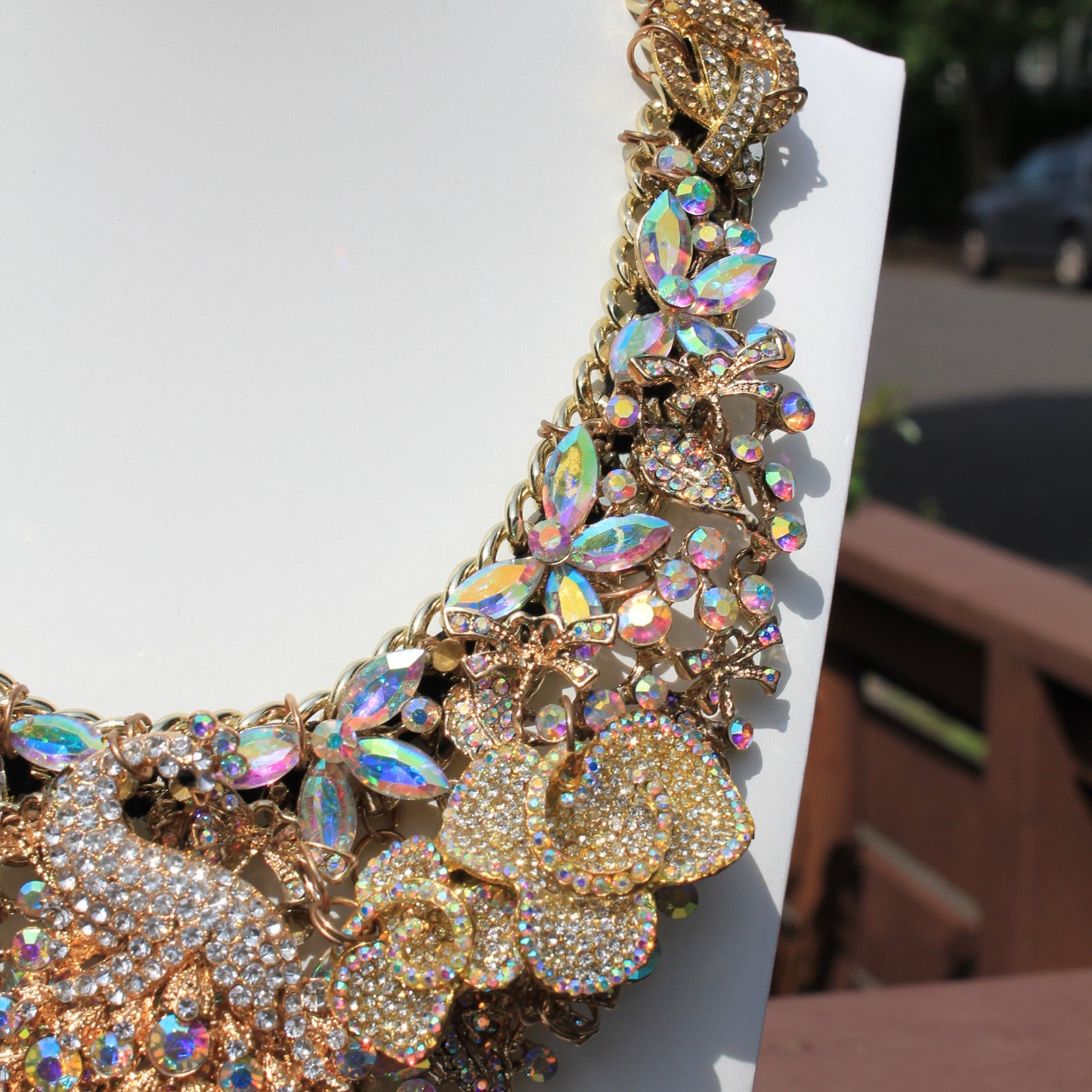 Shimmer Strut: Big Ass Sparkle Rhinestone Peacock Breastshield Statement Necklace