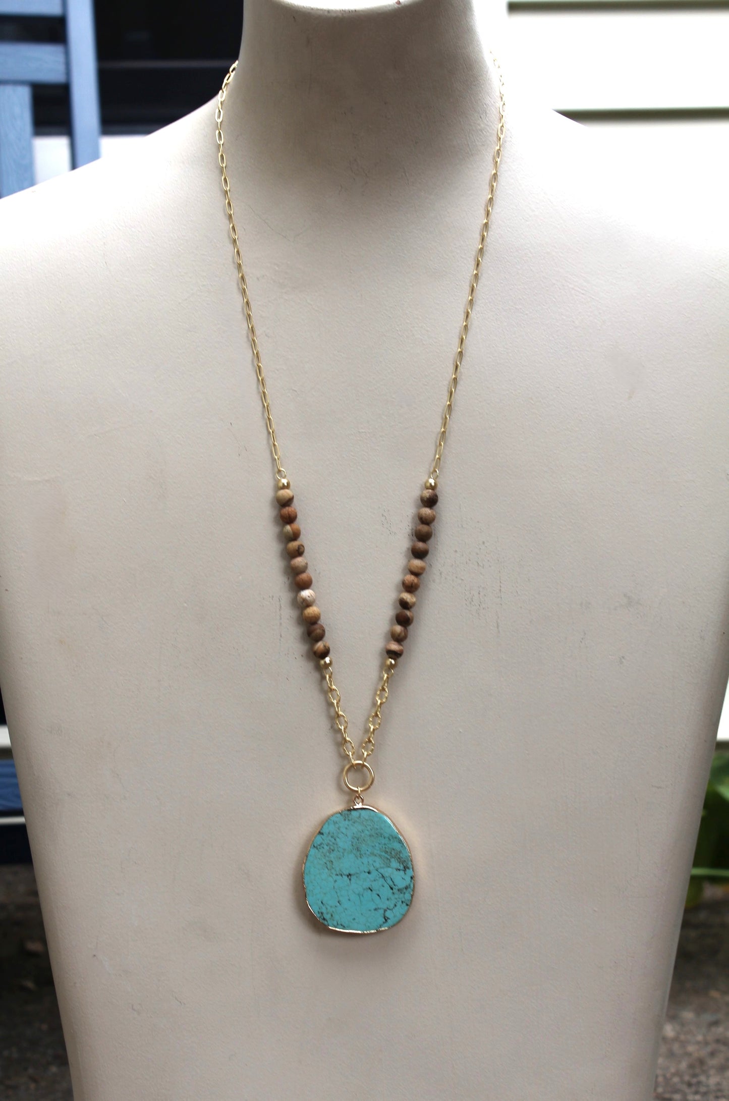 Solstice Path: Long Boho Necklace with Wood Beads, Metal Accents & Polished Stone Pendant