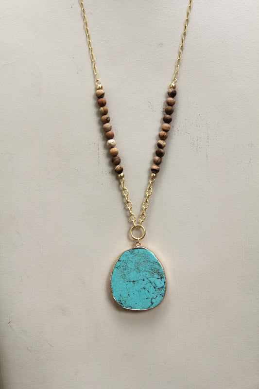 Solstice Path: Long Boho Necklace with Wood Beads, Metal Accents & Polished Stone Pendant