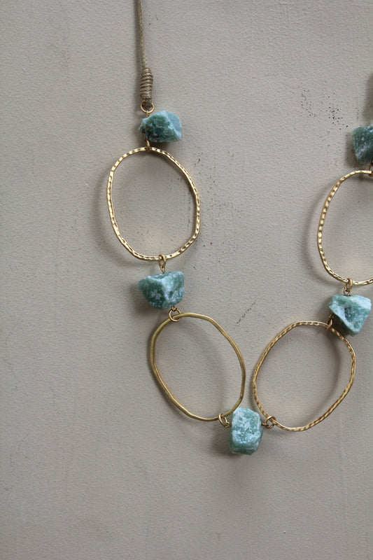 Sacred Circles: Boho Long Necklace with Raw Gemstones & Artistic Circle Accents