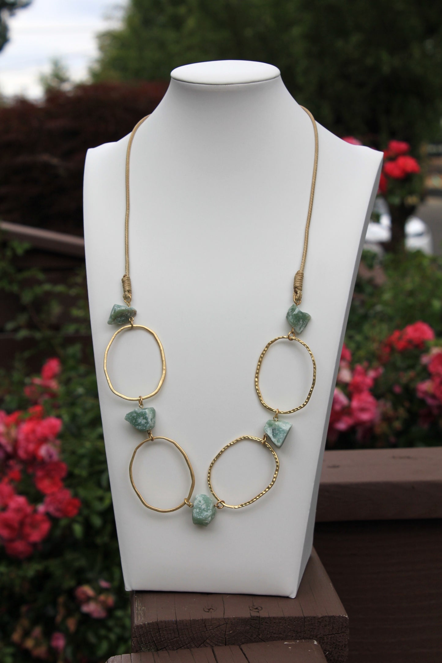 Sacred Circles: Boho Long Necklace with Raw Gemstones & Artistic Circle Accents