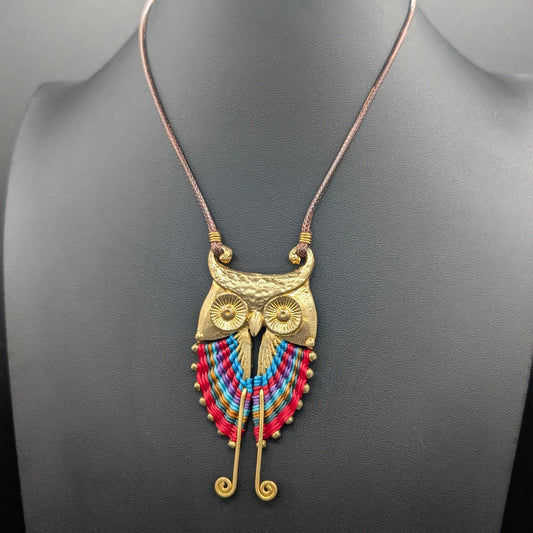 Handwoven Hoot: Handmade Brass Owl Necklace with Thai Macrame Colorful Knitted Rope Accents