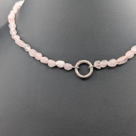 Heartstring: Rose Quartz Knotted Gemstone Beaded Necklace with Open Circle Centerpiece