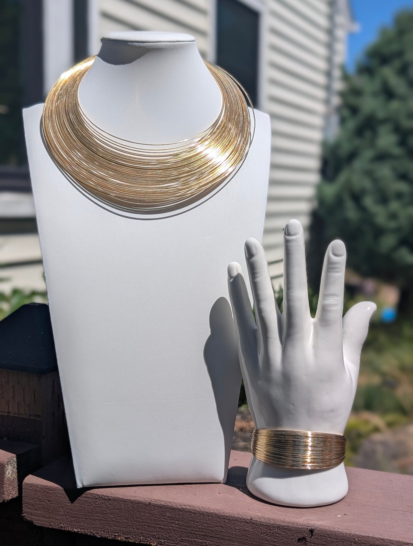 Gilded Pulse: Multi-Layer Gold-Tone Collar Choker & Cuff Bracelet Set