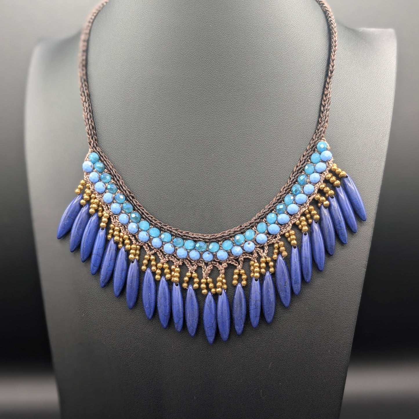 Blue Cascade Braided Thread Necklace with Blue Beaded Fringe