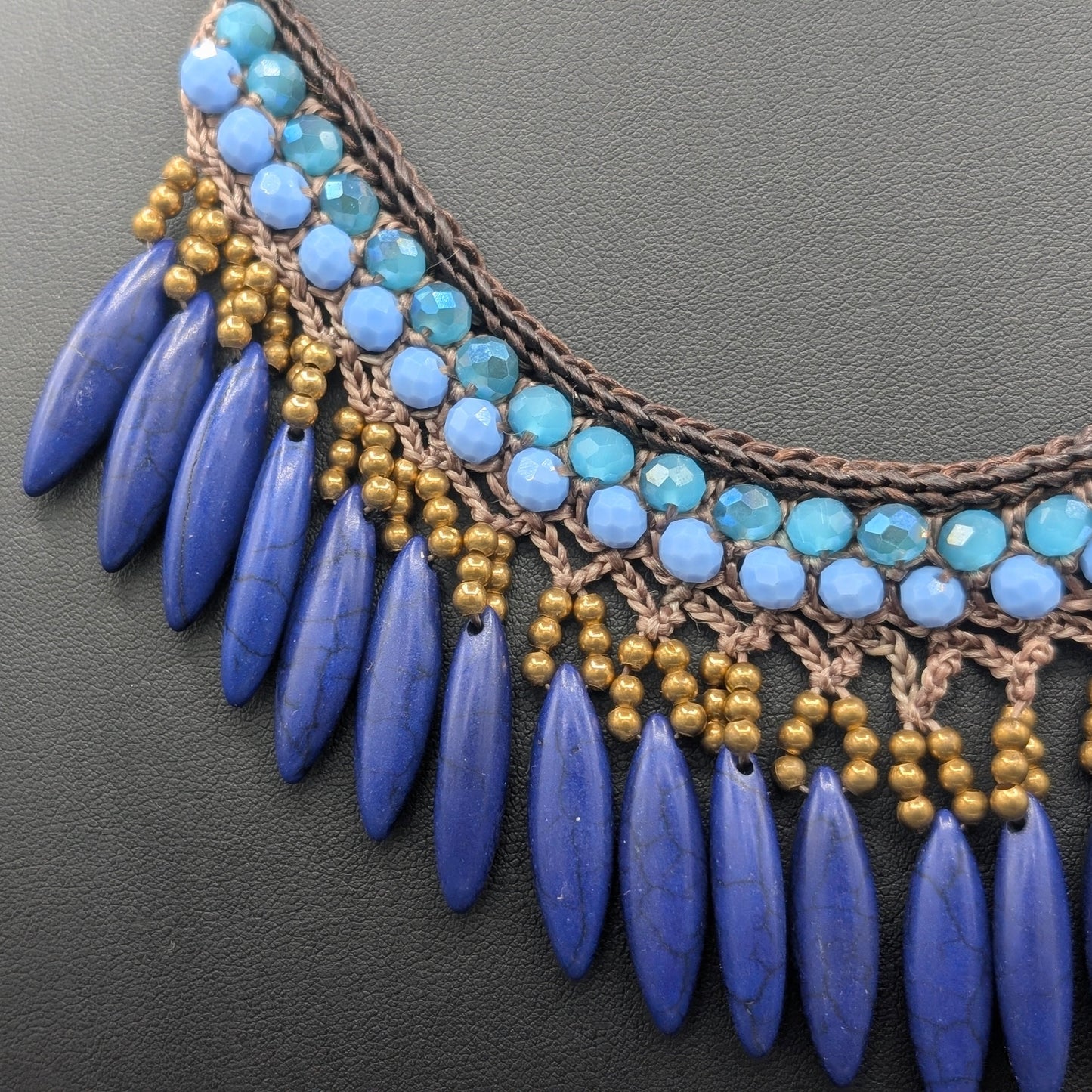Blue Cascade Braided Thread Necklace with Blue Beaded Fringe