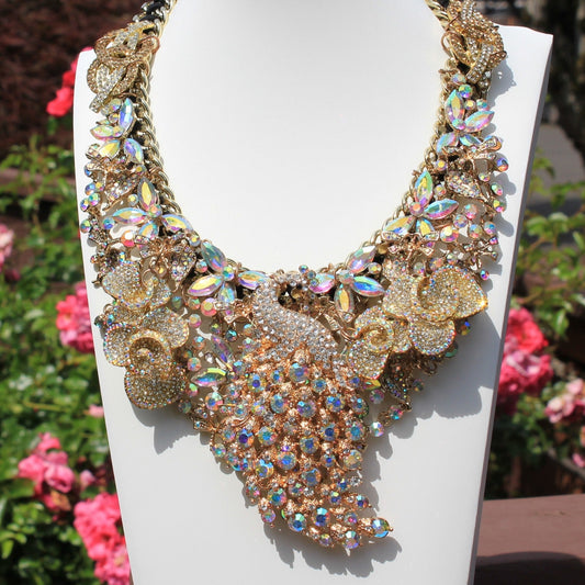 Shimmer Strut: Big Ass Sparkle Rhinestone Peacock Breastshield Statement Necklace