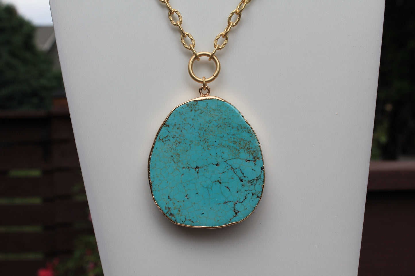 Solstice Path: Long Boho Necklace with Wood Beads, Metal Accents & Polished Stone Pendant
