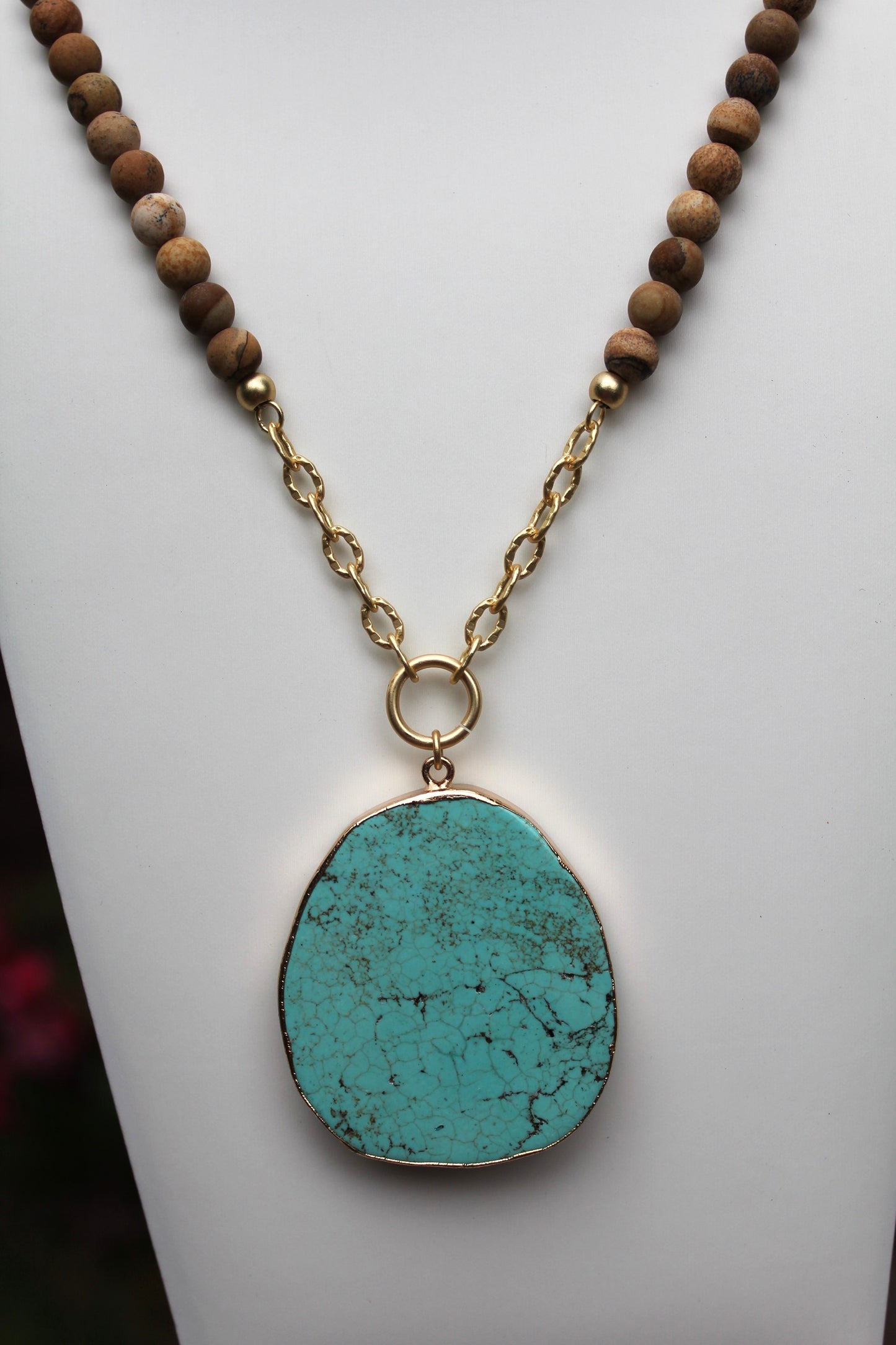 Solstice Path: Long Boho Necklace with Wood Beads, Metal Accents & Polished Stone Pendant