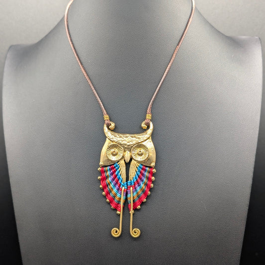 Handwoven Hoot: Handmade Brass Owl Necklace with Thai Macrame Colorful Knitted Rope Accents