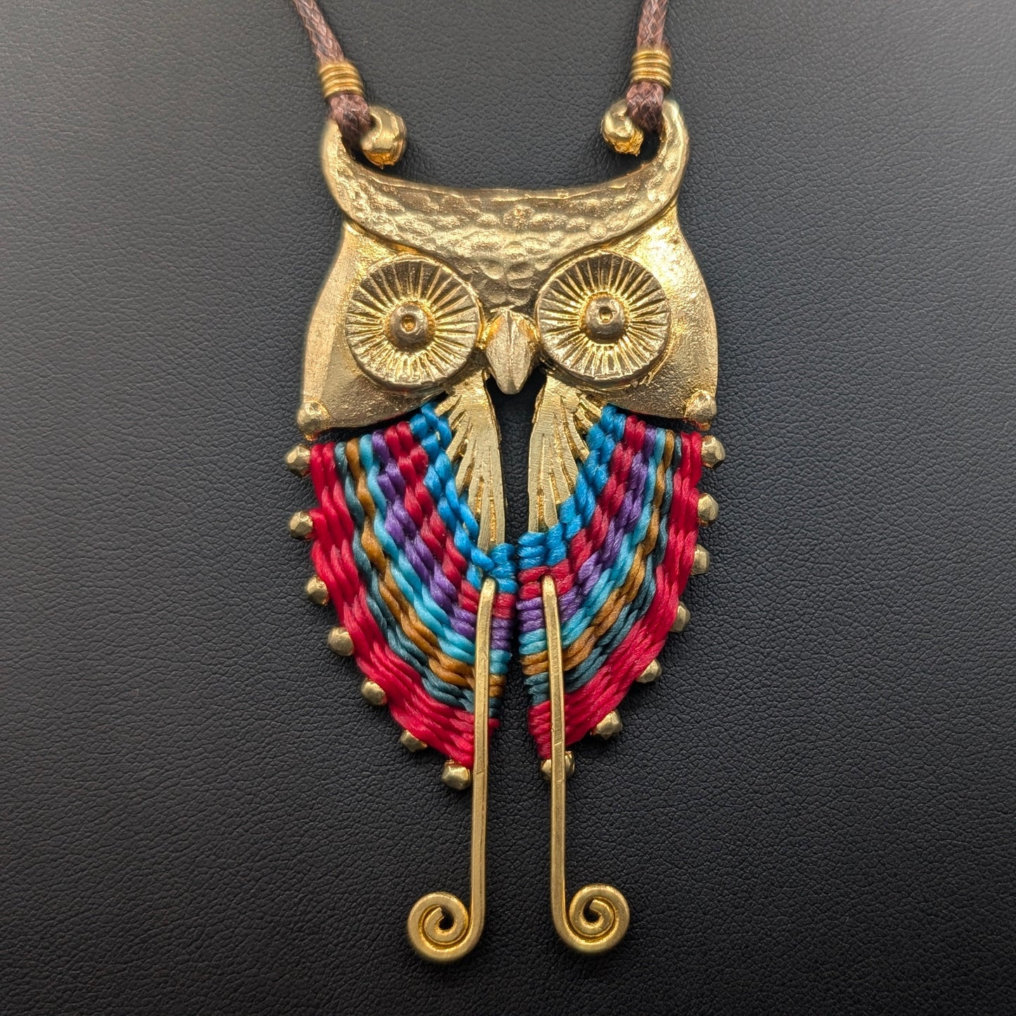 Handwoven Hoot: Handmade Brass Owl Necklace with Thai Macrame Colorful Knitted Rope Accents