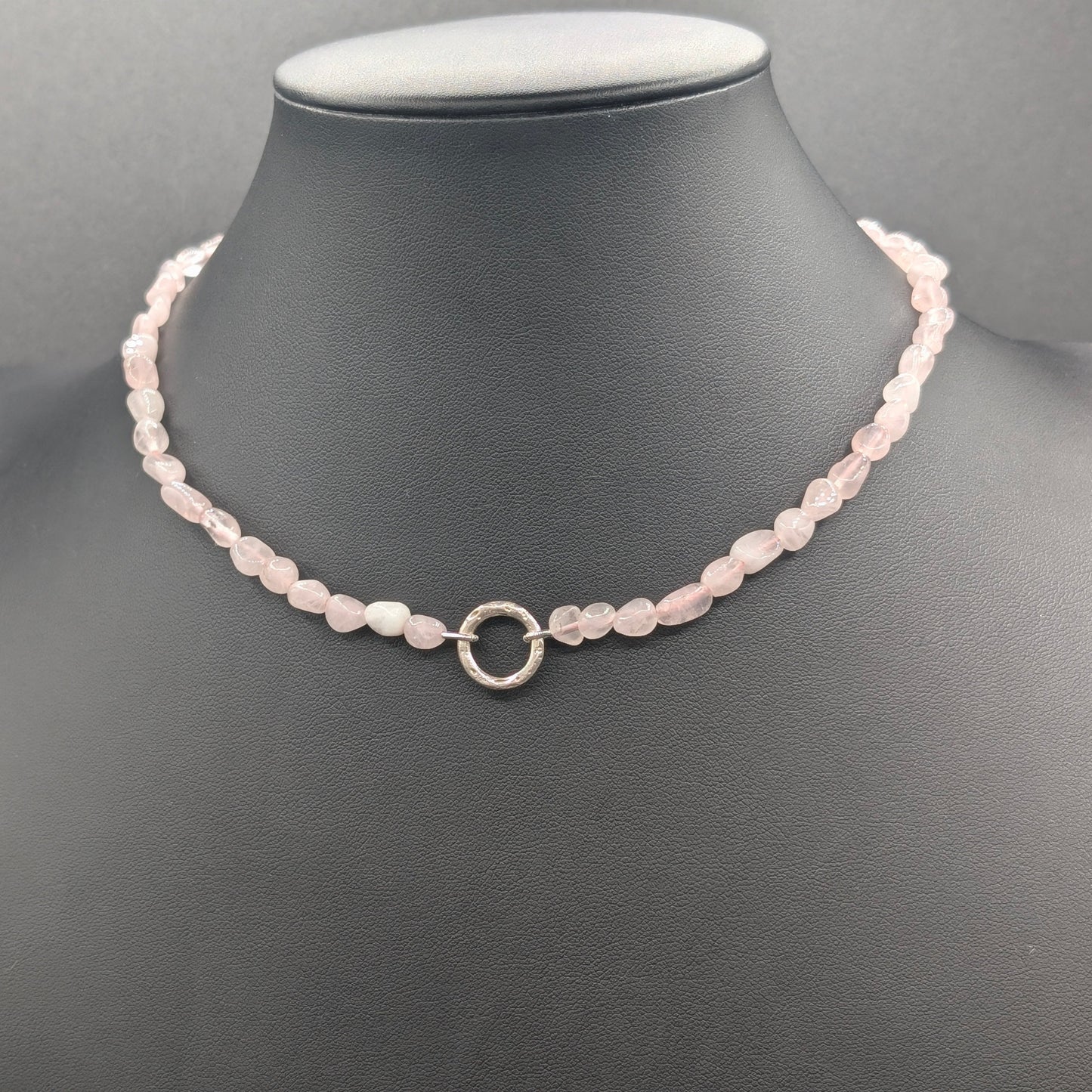 Heartstring: Rose Quartz Knotted Gemstone Beaded Necklace with Open Circle Centerpiece